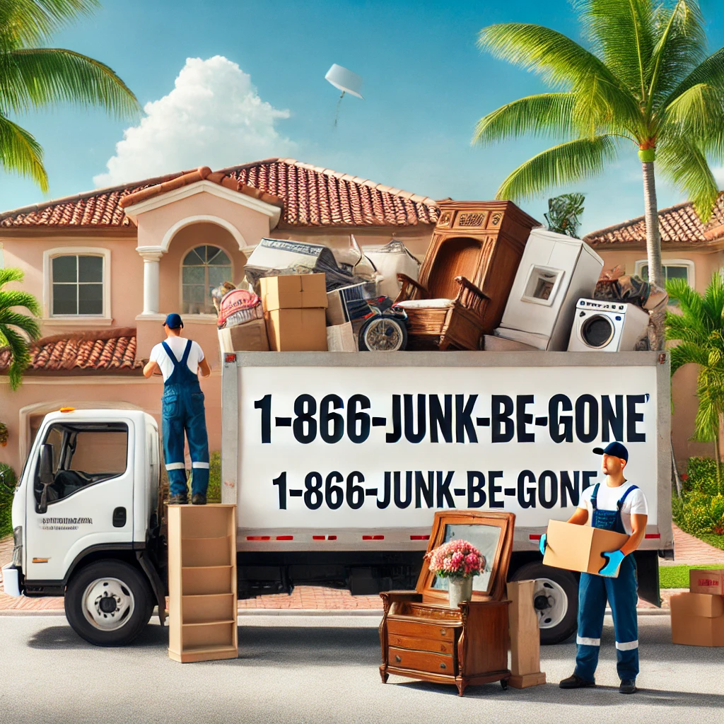 Friendly team from 1-866-JUNK-BE-GONE, a top-rated junk removal company Miami FL, loading household items onto a branded truck in a suburban Miami neighborhood.